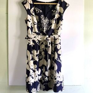 Adrianna Papell Cream/Blue Midi Dress With Embroidery, Cap Sleeves, Size 8P